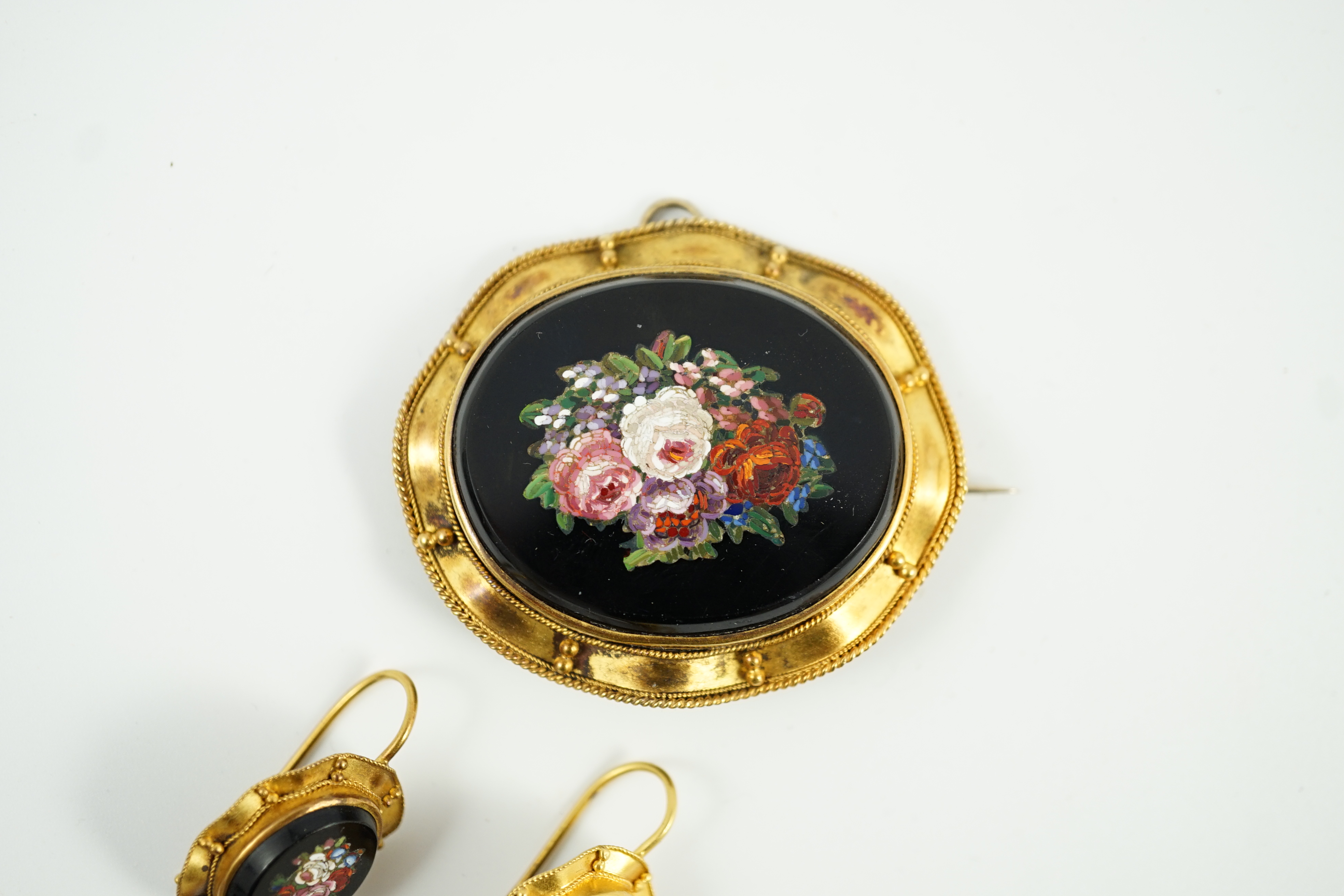 A Victorian gold mounted micro mosaic black onyx demi-parure